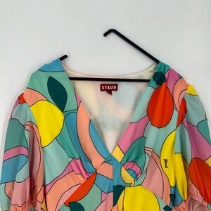 Staud Abstract Fruit Printed Retro V Neck Puff Sleeve Multicolor Mini Dress